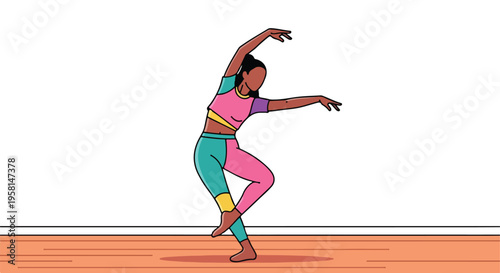 Stylized illustration of a dancer in a dynamic pose on a wooden floor