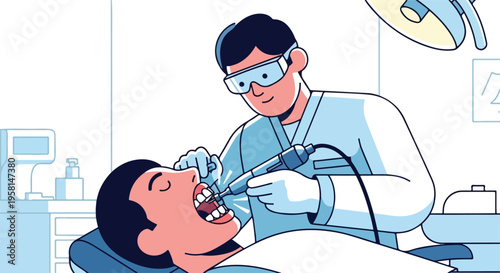 Dentist in protective goggles performs dental procedure on patient lying on chair