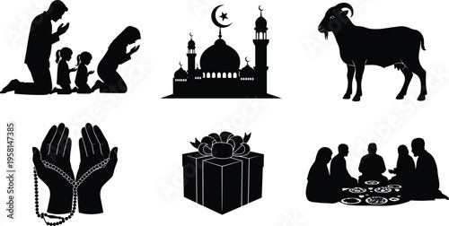 Eid al-Adha silhouettes, mosque crescent domes, family prayer, goat sacrifice ritual, Quran reading, prayer beads, gift exchange, communal meal celebration