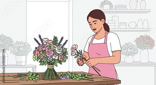 A person in an apron arranges a bouquet of colorful flowers on a wooden table