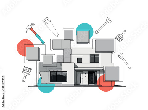 black-and-white house facade partially renovated with tools floating around it, geometric blocks replacing old wall sections symbolizing renewal, coral and