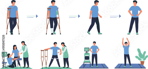 Rehabilitation and recovery process set with man using crutches, physiotherapy and exercises cartoon vector illustration