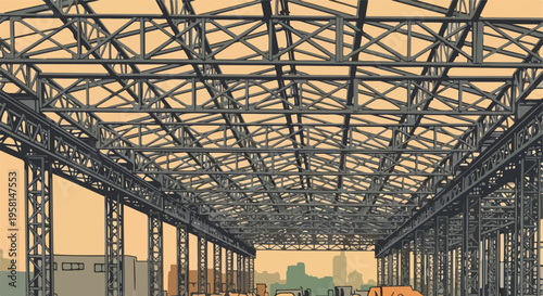 Industrial metal structure against a hazy sky with vehicles below