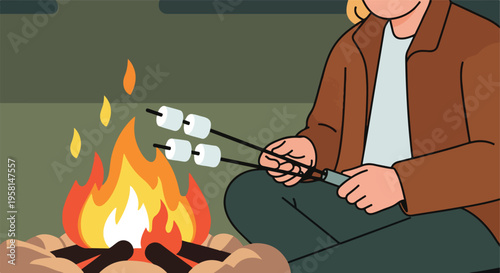 A person roasts marshmallows over a vibrant campfire, enjoying a cozy outdoor moment