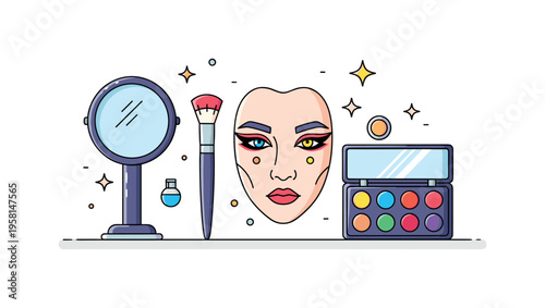 Cosplay makeup tutorial character inspired makeup look with a mirror, brush, and colorful makeup palette while a face illustration shows dramatic eyeliner and