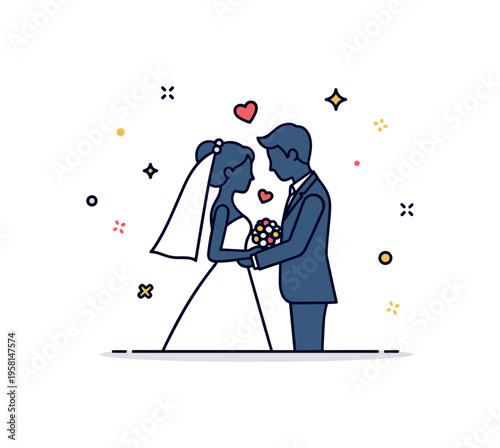 Romantic wedding moment illustrated by bride and groom silhouettes sharing a subtle embrace with tiny sparkle accents around them. The scene highlights