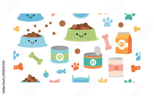 happy pet feeding routine bowls kibble treats cans and paw prints stylized as cheerful decorative icons, flat vector rounded shapes, bright modern palette with