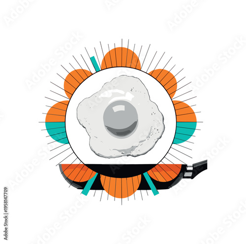 black-and-white fried egg centered inside a large geometric circle like a sun, frying pan edge visible with abstract semicircles and lines suggesting warmth,
