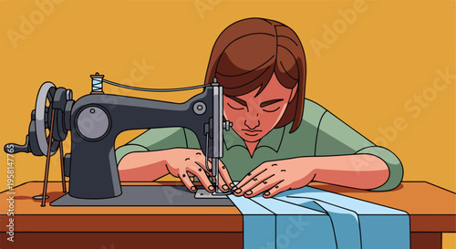 Person skillfully operating a vintage sewing machine to create fabric