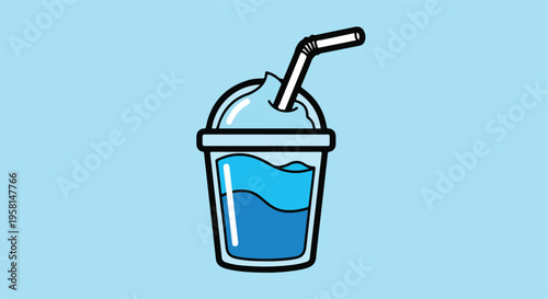 A blue slushy drink with a straw in a clear plastic cup on a light blue background