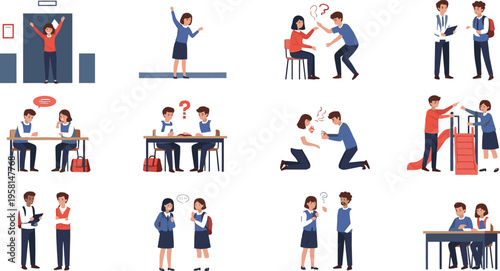 School bullying situations set with students conflict, aggression, support and awareness scenes, anti bullying education cartoon vector illustration collection