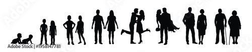 Couple life cycle from babies to elderly man and woman human age stages vector silhouette set infographic.