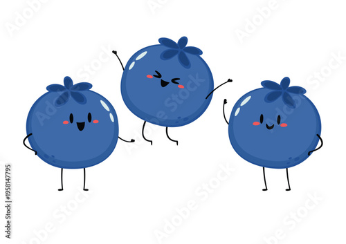 Blueberry character. Funny fruit emoticon in flat style. Blueberry cartoon isolated vector.