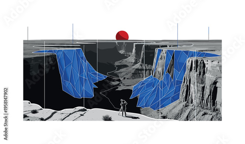 Black and white aerial perspective of tiny photographer figure in vast canyon landscape, bold deep red circle anchoring the distant horizon, cobalt blue