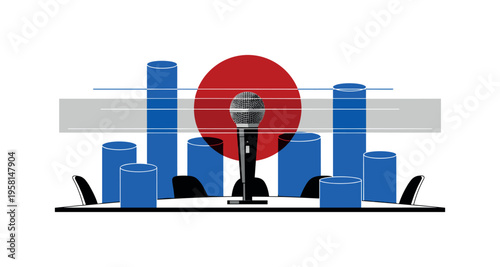 Black and white microphone placed at center of minimal meeting table, bold deep red circle behind like a signal beacon, cobalt blue cylindrical forms