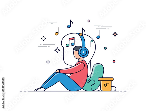 Person with headphones relaxed listener sitting comfortably while wearing large headphones as musical notes float gently around the head. The scene conveys