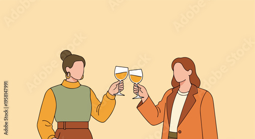Two women with faceless avatars toast with glasses of amber liquid