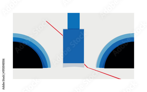 Black and white empty white wall with tall doorway opening, bold blue vertical rectangle aligned with doorway, thin red diagonal line crossing composition for