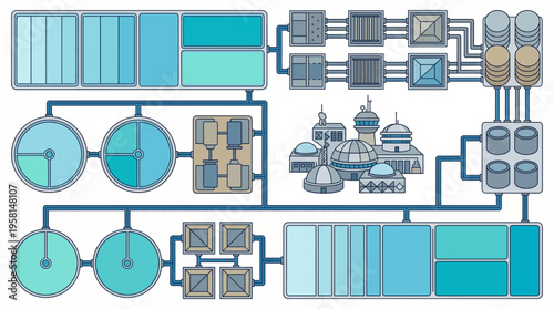 A complex flowchart with various industrial and architectural elements.