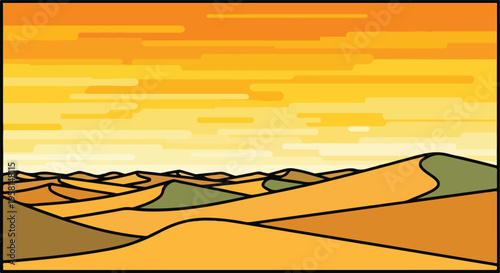 A stylized, graphic illustration of a desert landscape with undulating sand dunes under a striped sky