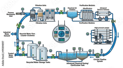 Wastewater treatment process diagram illustration.