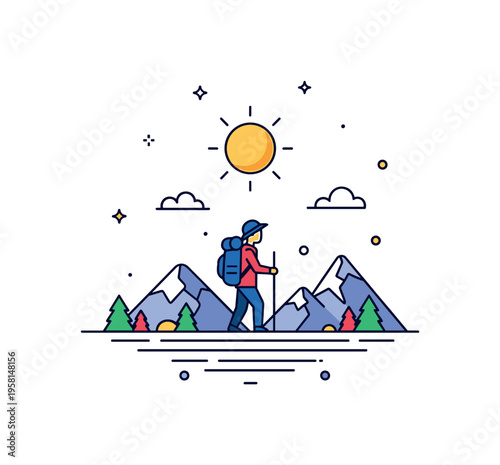 Outdoor adventure hiking moment centered on a single explorer silhouette with a walking stick beneath a minimal sun icon and distant peaks. The composition