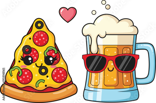 Cute pizza slice and beer mug characters with sunglasses funny cartoon food vector illustration