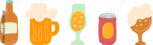 Set of colorful flat vector icons representing different ways to serve beer, from glass bottles and cans to mugs and glasses.
