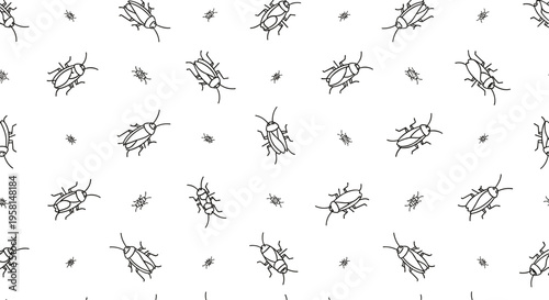 Seamless cockroach pattern with hand drawn insects, black and white bug repeat design, minimal pest illustration vector background