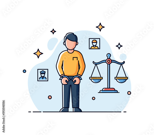 A person in handcuffs standing with abstract scales of justice in the background, small decorative stars emphasizing legal process, responsibility, and law