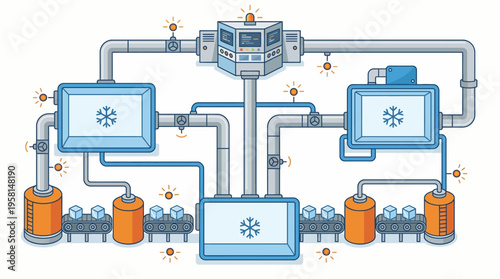 Industrial process diagram with machinery.