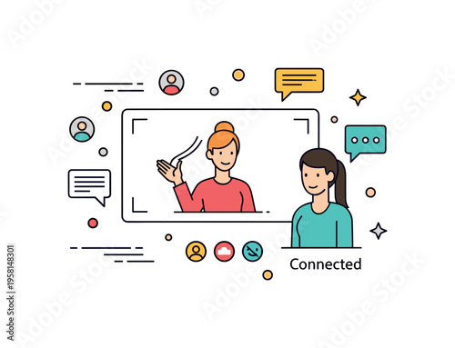 Remote teamwork interaction capturing nodding gestures and responsive body posture inside a video frame. Simple chat icons, subtle motion lines and a small