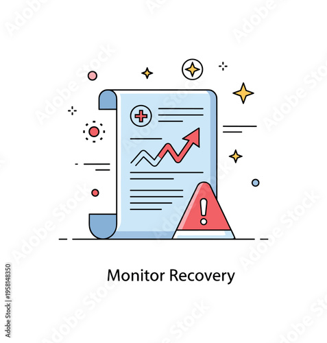 Post procedure complication monitoring illustration centered on a medical chart with a rising alert symbol, representing follow up and observation. A concise