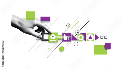 black-and-white retro hand drawing a circle with a compass tool, geometric arcs and dotted circular guides surrounding the action, turquoise and orange accent