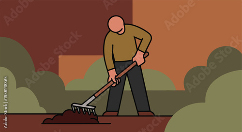 A person raking soil amidst abstract green and brown shapes