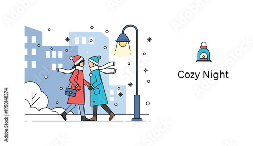 Snowy evening city walk capturing a loving couple moving through a quiet frosty street scene. Gentle snow dots, a glowing lamp and soft scarf movement create a