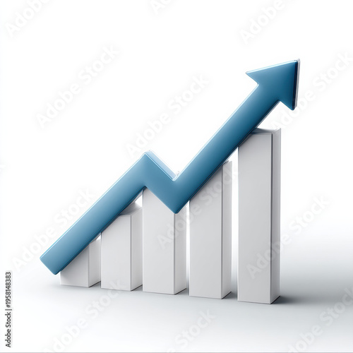 Blue arrow pointing upward on white bar graph, symbolizing growth, success, progress, and positive business trend