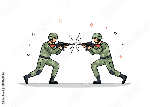 Soldier versus soldier clash two armed fighters dropping into close quarters combat with gripping arms and tense posture, visualized as a compact metaphor of