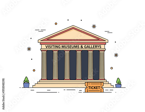 Visiting iconic museums and galleries grand museum facade with tall columns and a small ticket icon placed in front. A refined editorial scene expressing