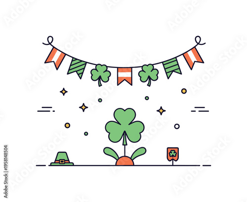 Irish festive banner simple party bunting with clover shapes and small flags arranged above a lucky shamrock centerpiece creating a joyful St Patrick?s Day