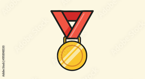 A simplified, graphic representation of a gold medal with a red ribbon