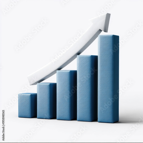 Blue bar graph white arrow upward trend growth success business finance 3D isolated white background