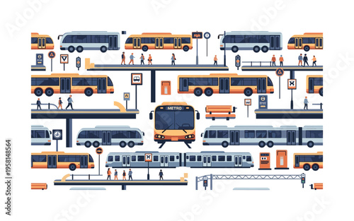 urban travel system with buses, metro trains, platforms and transit signs arranged dynamically, seamless pattern, repeating pattern, surface design, textile