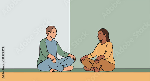 Two people sit cross-legged, meditating peacefully side-by-side on a mat