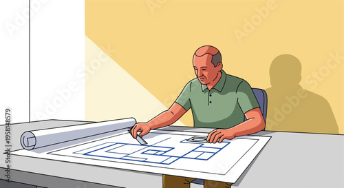 A person sits at a desk, intently focused on a blueprint with a ruler and rolled-up plans