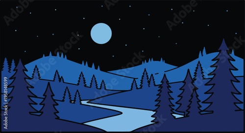 Stylized night landscape with a flowing river under a full moon and starry sky