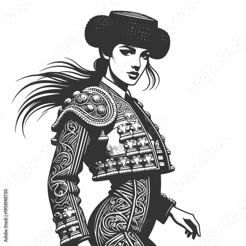 confident woman wearing a decorative matador-inspired outfit, culture, tradition, strength, and elegance sketch engraving generative ai vector illustration. Scratch board imitation. Black and white.