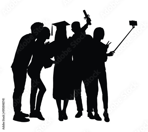 Friends taking selfie celebrating college graduation black silhouette isolated on white background vector illustration.