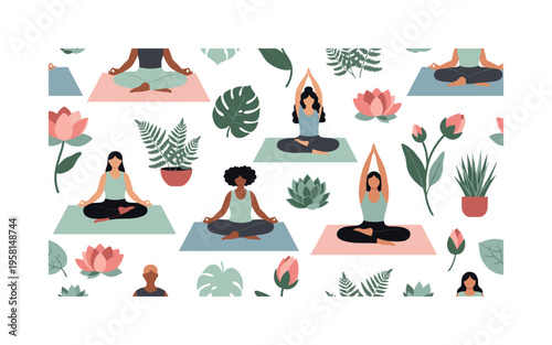 peaceful yoga routine with meditation poses, mats, plants and lotus flowers arranged dynamically, seamless pattern, repeating pattern, surface design, textile