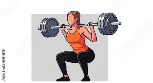 Female in orange tank top and black leggings performs a weighted squat